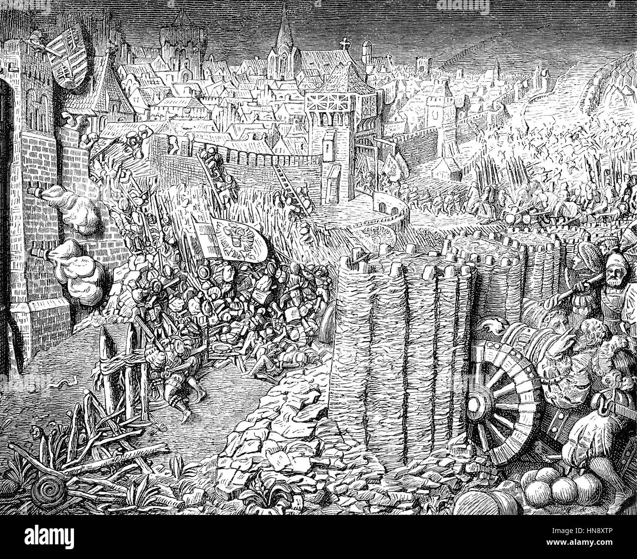 Die Plünderung Stadt Székesfehérvár, Ungarn, durch die Heiligen römischen Armee Maximilians, 1490 Stockfoto