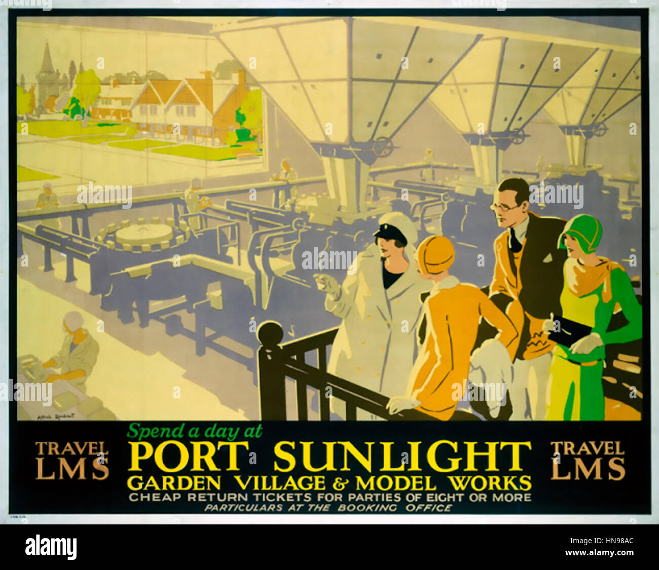 PORT SUNLIGHT 1920er Jahre Eisenbahn Poster zeigen beide Teil des Gartens Modell auf Merseyside, England, und im Inneren die Seifenfabrik Lever Brothers Stockfoto