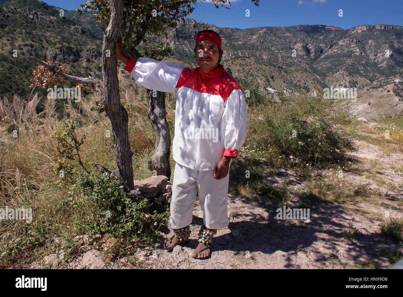 Creel, Chihuahua, Mexiko - 10. Oktober 2014: Indigene tarahumara Mann Rest nimmt unter dem Schatten des Baumes, trägt traditionelle tribal Outfit, in Cop Stockfoto