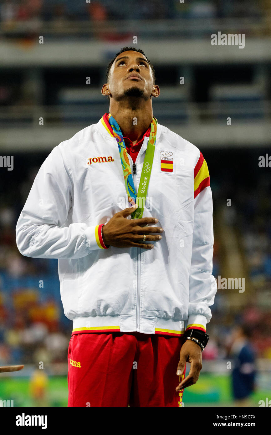 Rio De Janeiro, Brasilien. 17. August 2016. Orlando Ortega (ESP)-Silbermedaillen-Gewinner im 110m-Hürdenlauf der Männer bei den Olympischen Sommerspielen 2016. © Paul J. Stockfoto