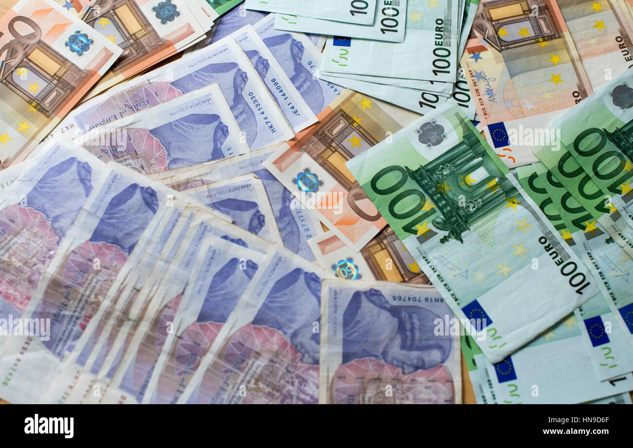 Geld-britische Pund Pfund Sterling und Euro-Banknoten Stockfoto