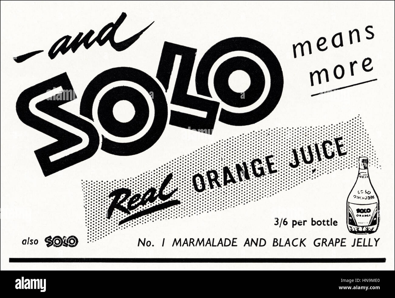 1950er Jahren datiert Werbung Anzeige aus original alten Vintage englisches Magazin 1950 Werbung für Solo orange Saft Stockfoto