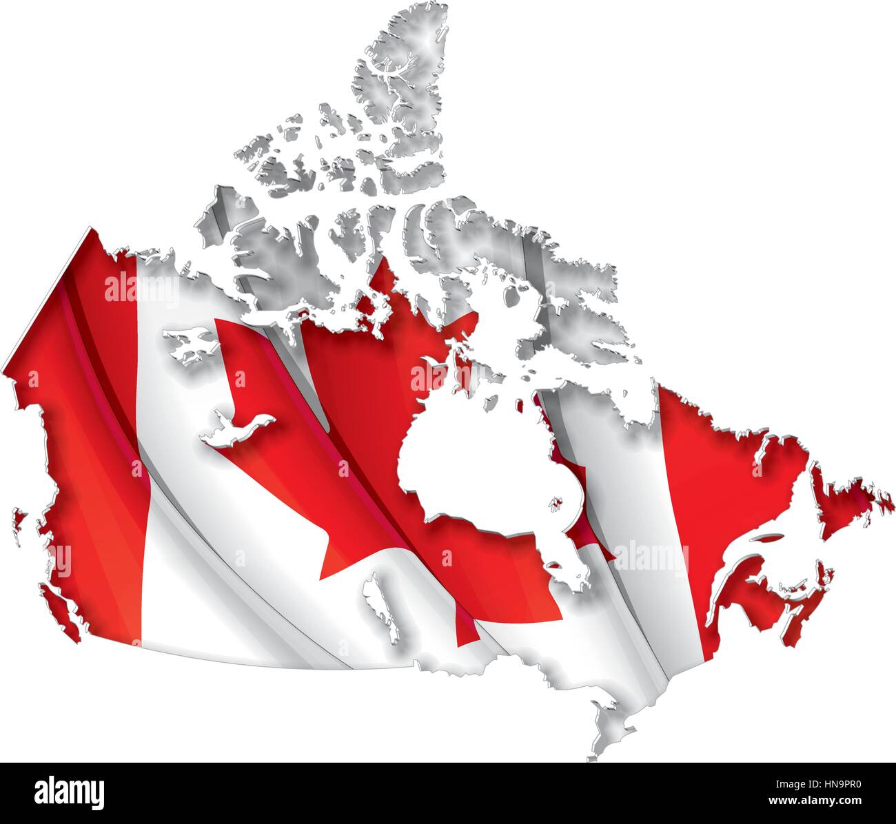 Kanadische Karte Ausschnitt, sehr detailliert auf die Kante Schattierung, mit wehenden Fahnen unter. Die Settle Dicke an der Cut-out Grenze folgt der in Stock Vektor