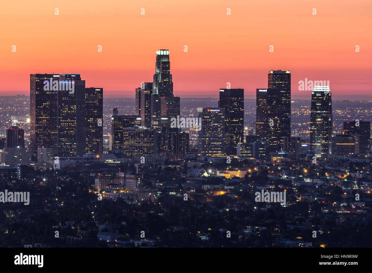 Vor Morgengrauen redaktionelle Ansicht von Downtown Los Angeles. Kalifornien. Stockfoto