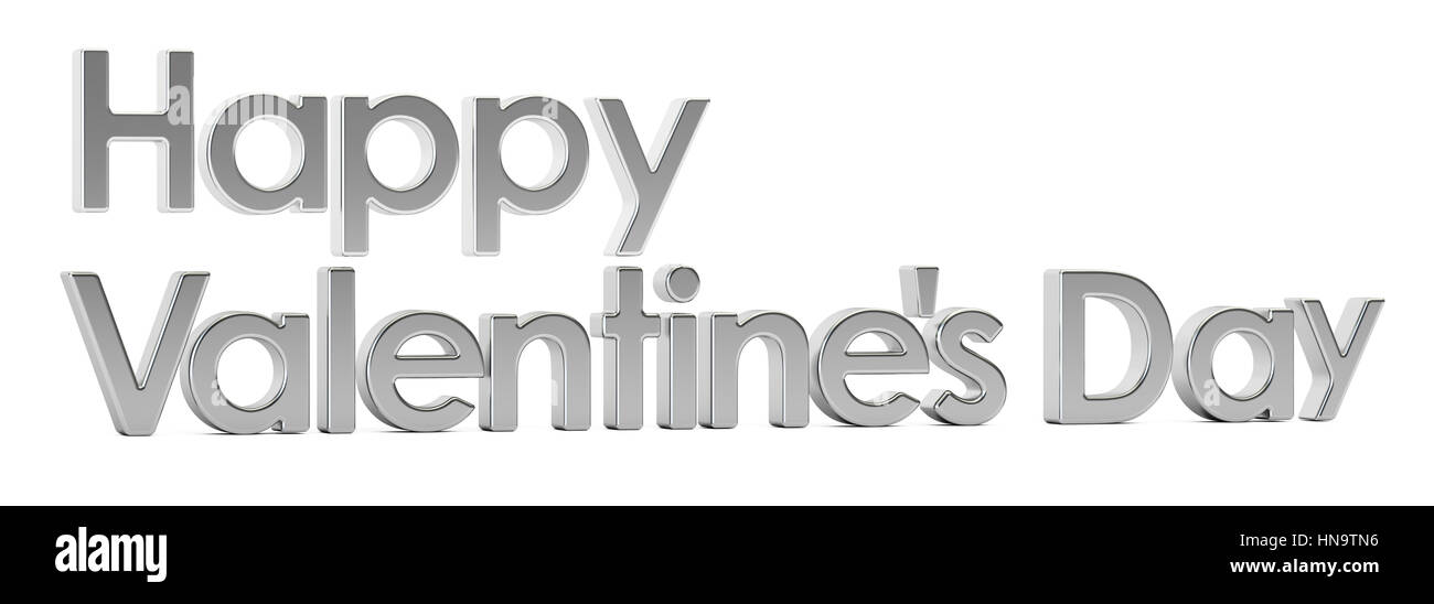 Happy Valentinstag Silber Inschrift, 3D-Rendering isolierten auf weißen Hintergrund Stockfoto