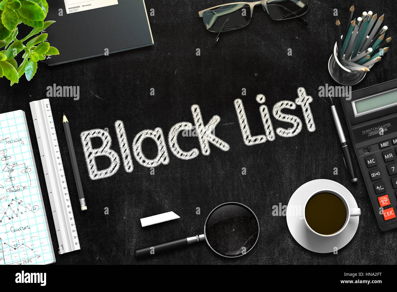Schwarze Tafel mit schwarzen Liste. 3D-Rendering. Stockfoto