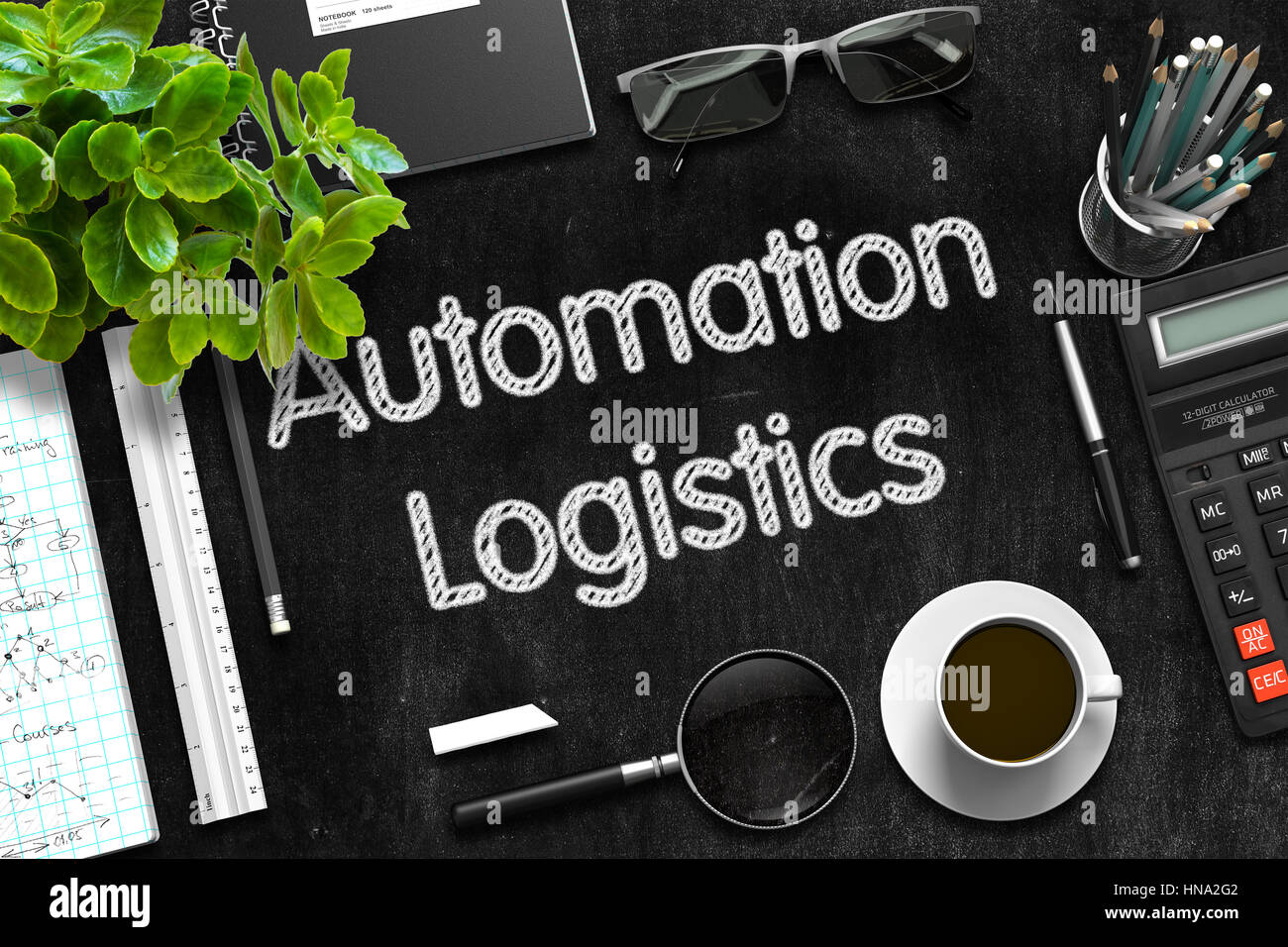 Automatisierung-Logistik an schwarzen Tafel. 3D-Rendering. Stockfoto