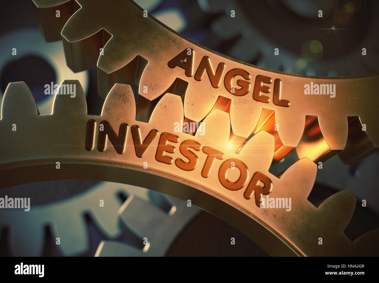 Business Angel Konzept. Goldene Zahnrad Zahnräder. 3D Illustration. Stockfoto