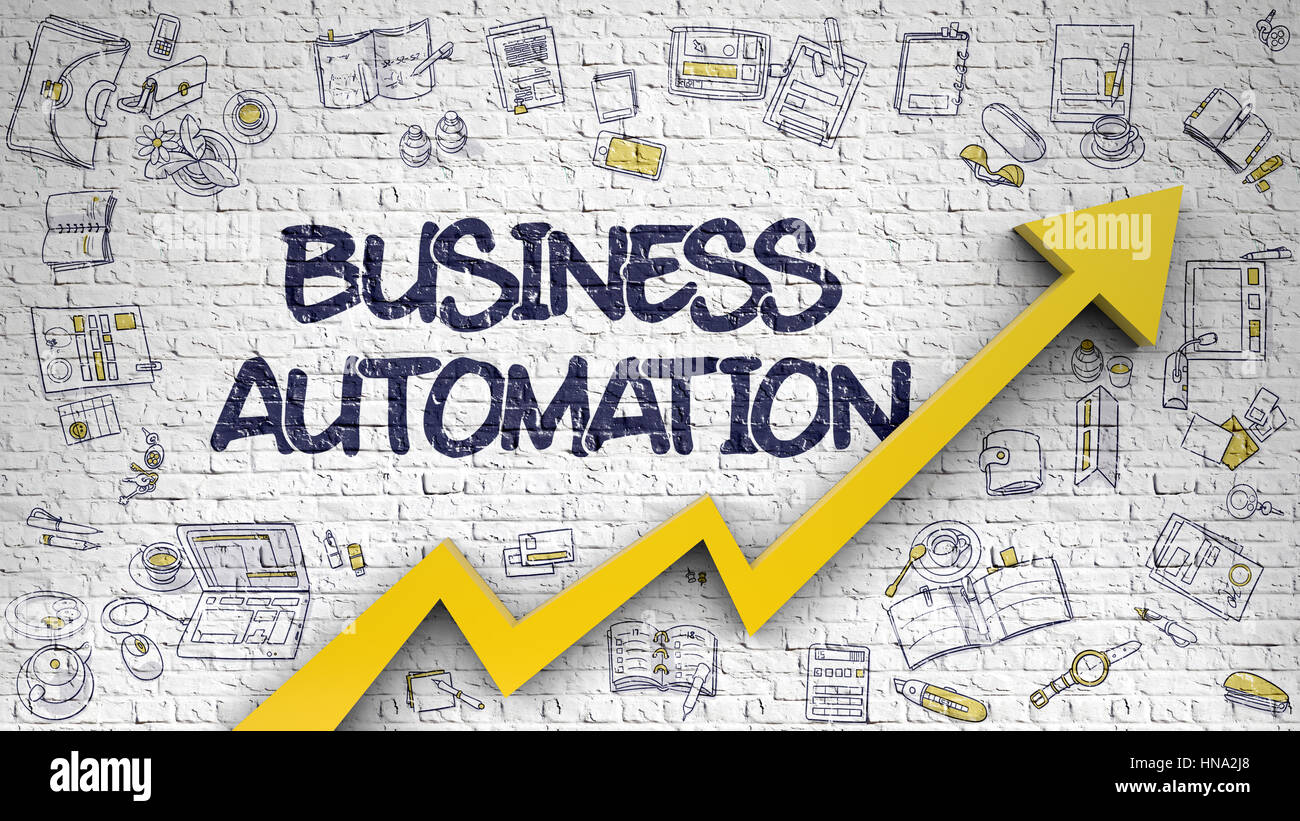 Business Automation auf Mauer gezogen. Stockfoto