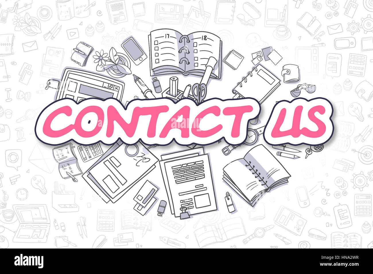 Kontaktieren Sie uns - Doodle Magenta Text. Business-Konzept. Stockfoto