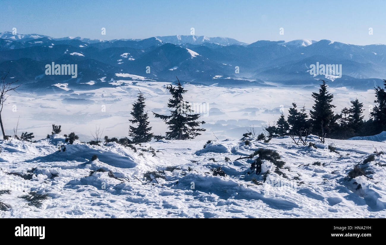 Winter Panorama der Velka Fatra und Nizke Tatry Bergketten von velka luka Hügel auf Martinske Hole Ridge in Lucanska Mala Fatra in der Slowakei Stockfoto
