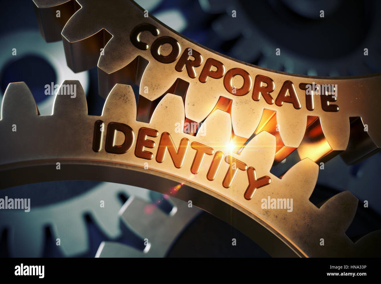 Corporate Identity auf goldene Zahnräder. 3D Illustration. Stockfoto
