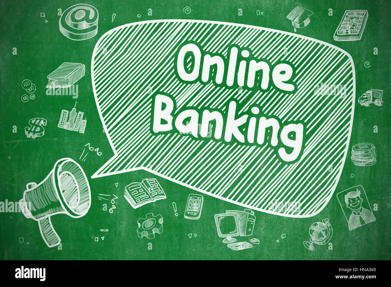 Online-Banking - Doodle Illustration an grüne Tafel. Stockfoto
