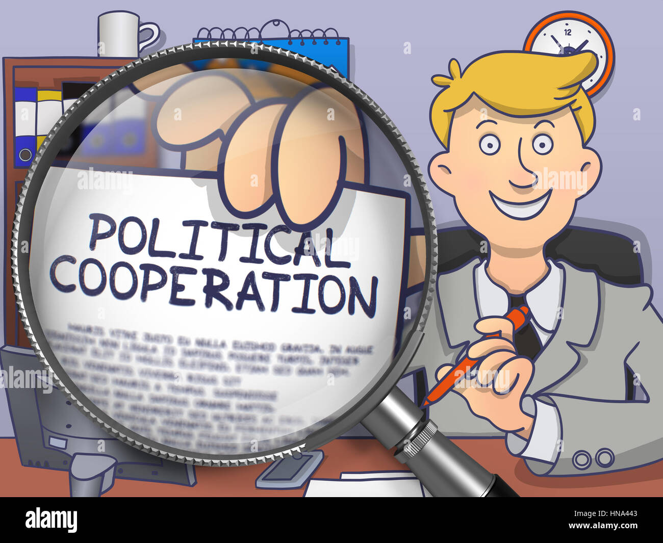 Politische Zusammenarbeit durch Lupe. Doodle-Stil. Stockfoto