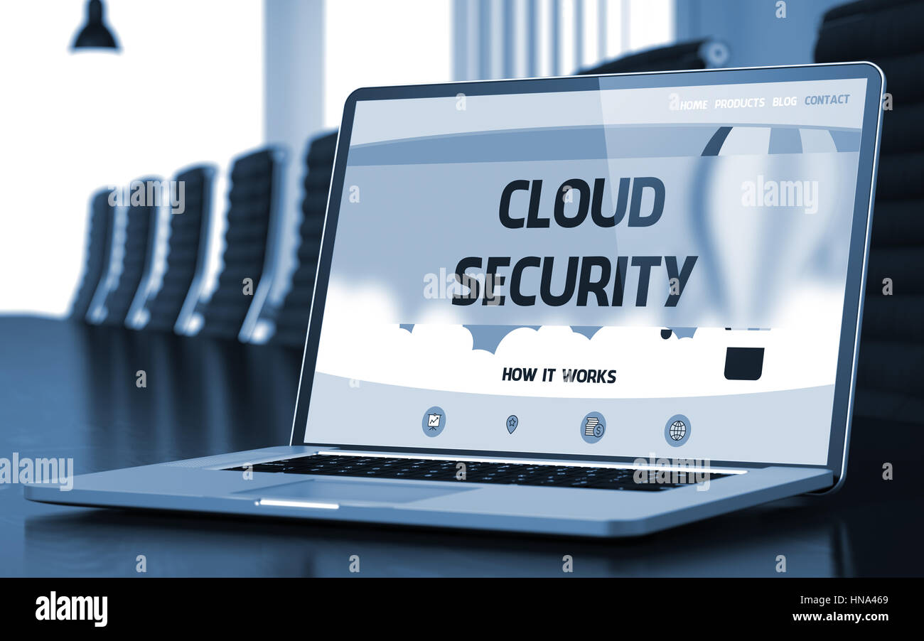 Laptop-Bildschirm mit Cloud-Security-Konzept. 3D. Stockfoto