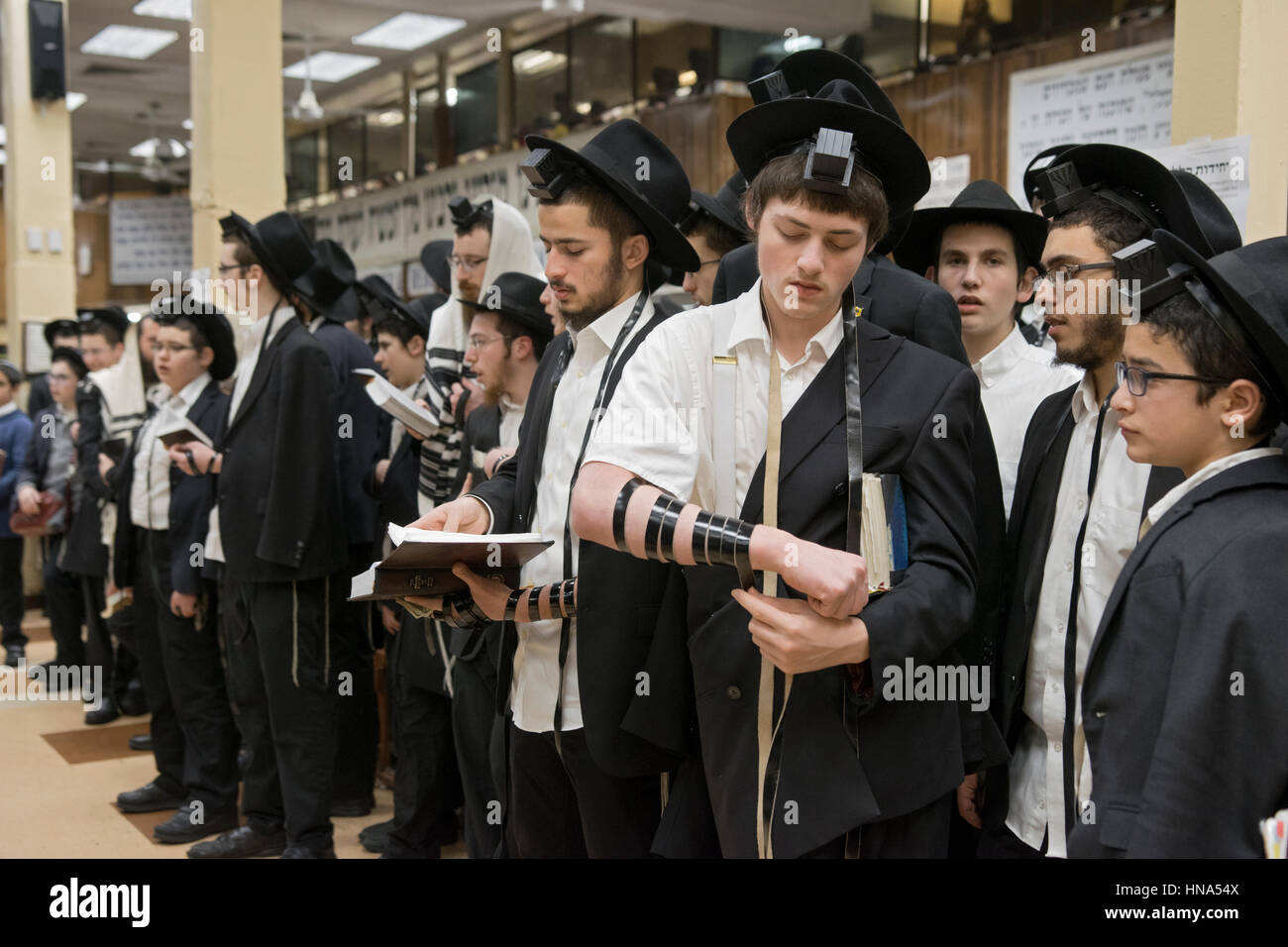 Orthodoxe jüdische Jüngling aufsetzen Gebetsriemen vor morgen Dienstleistungen in einem überfüllten Synagoge in Brooklyn, New York. Stockfoto