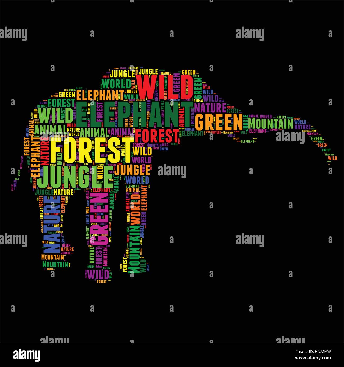 Elefant Typografie Wort Wolke bunte Vektor-illustration Stock Vektor