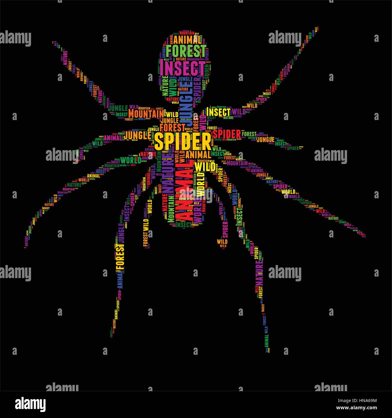 Spinne Typografie Wort Wolke bunte Vektor-illustration Stock Vektor