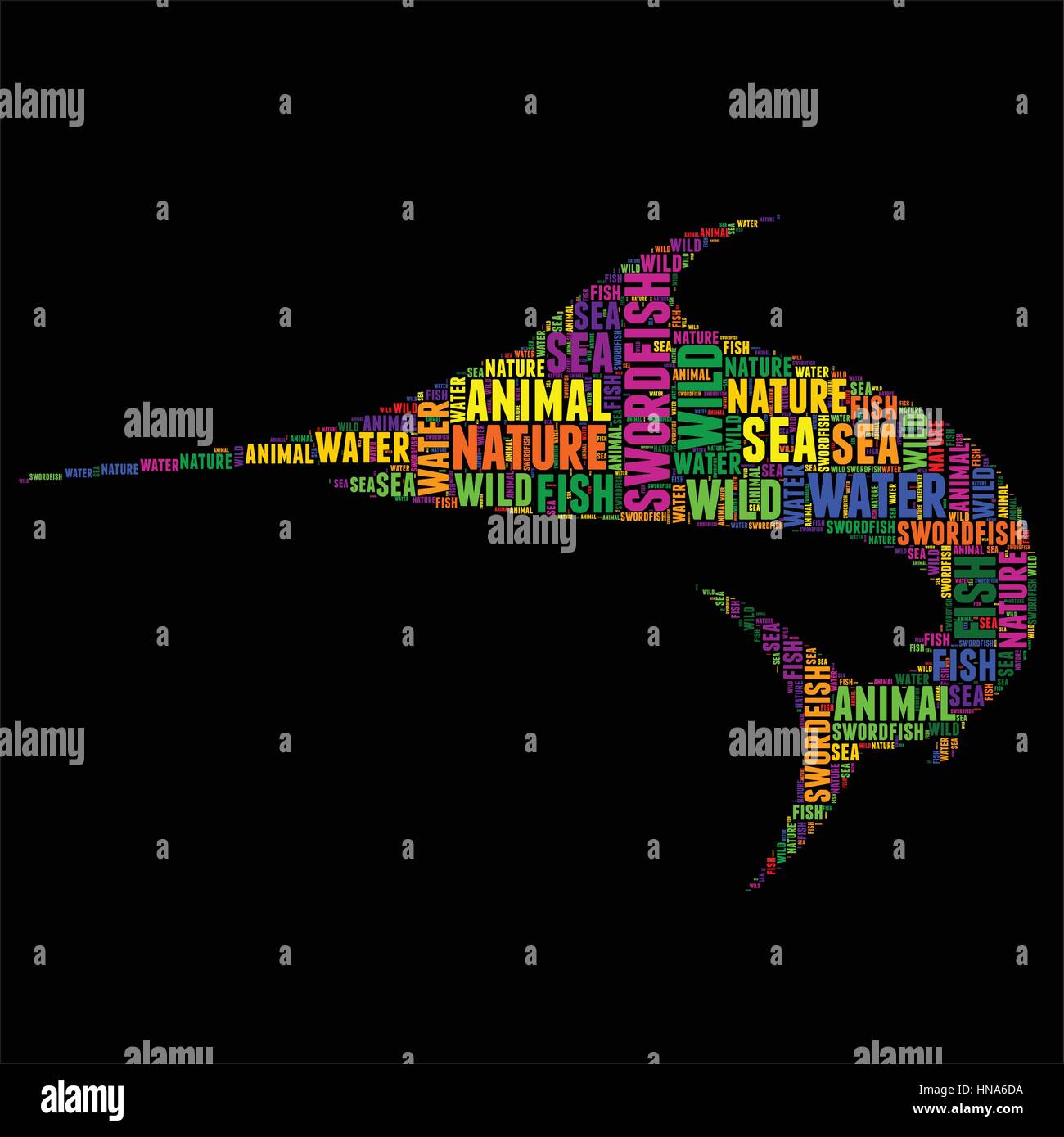 Schwertfisch Typografie Wort Wolke bunte Vektor-illustration Stock Vektor