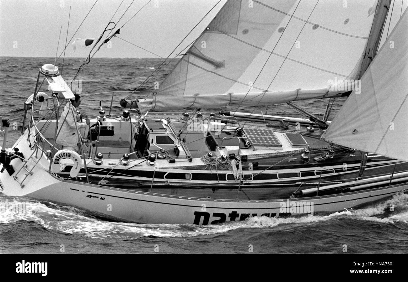 AJAXNETPHOTO. 2 JUNE,1984.PLYMOUTH, ENGLAND. -OSTAR RACE-PATRICIA SKIPPERED DURCH KAI GRANHOLM (FIN) FINNLAND PLATZIERT INSGESAMT 26.. FOTO: AJAX NEWS FOTOS REF: 840206 21 Stockfoto