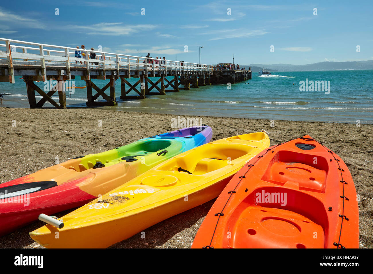 Kajaks am Tage Bucht, Eastbourne, Wellington, Nordinsel, Neuseeland Stockfoto
