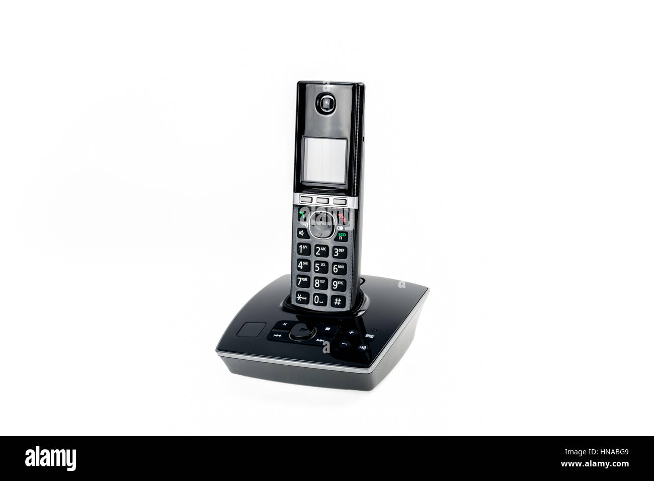 moderne schnurlose Dect-Telefon mit Anrufbeantworter und Ladestation isoliert auf weißem Hintergrund Stockfoto