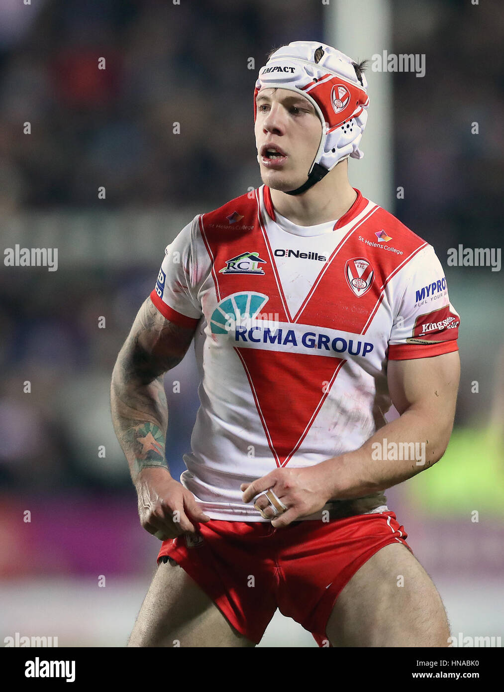 St Helens Saints' Theo Fages in Aktion während der Super League match im Stadium ganz böse, St Helens. PRESSEVERBAND Foto. Bild Datum: Donnerstag, 9. Februar 2017. Finden Sie unter PA Geschichte RUGBYL Str. Helens. Bildnachweis sollte lauten: Martin Rickett/PA Wire. Einschränkungen: Nur zur redaktionellen Verwendung. Keine kommerzielle Nutzung. Keine falschen Handelsvereinigung. Keine video Emulation. Keine Manipulation von Bildern. Stockfoto