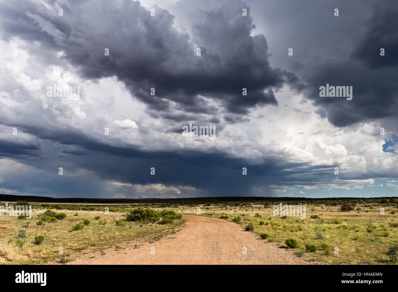 Unbefestigte Straße und Sturmwolken in Arizona Stockfoto