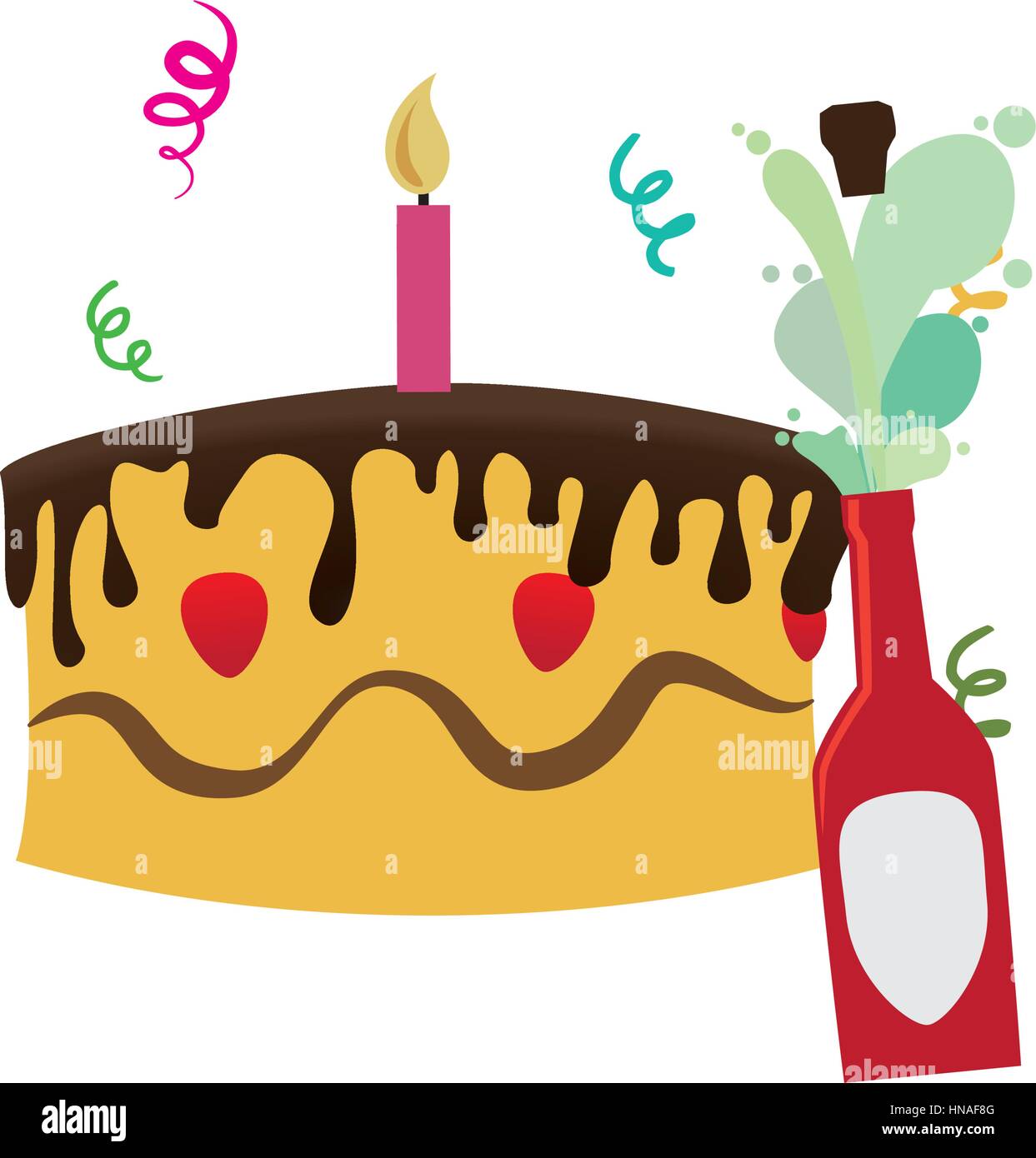 bunte Kuchen Geburtstag und Champagner mit Konfetti-Vektor-illustration Stock Vektor
