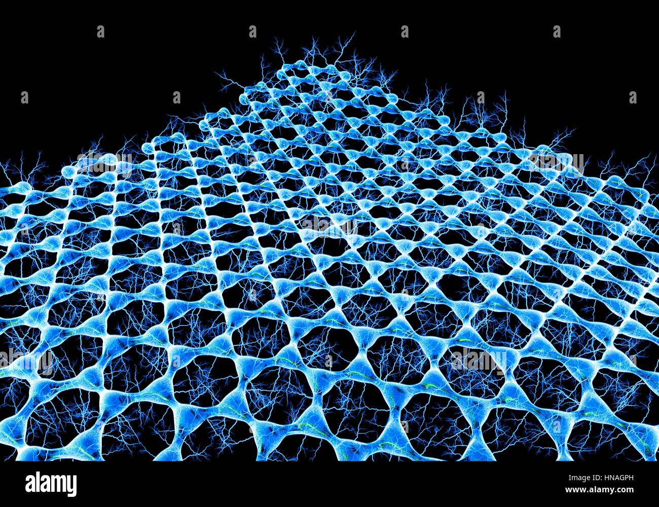 Graphene Blatt. Abbildung der molekularen Struktur von Graphen, eine einlagige hexagonale Graphit atomarer Skala. Es besteht aus Hexagonal angeordneten Kohlenstoffatome durch starke kovalente Bindungen miteinander verbunden. Graphen ist sehr stark und flexibel. Es transportiert Elektronen hocheffizient. Die zugrunde liegenden Blitze zeigen diese Fähigkeit. Eines Tages Graphen meine ersetzen Silizium in Computer-Chips und andere Anwendungen. Stockfoto
