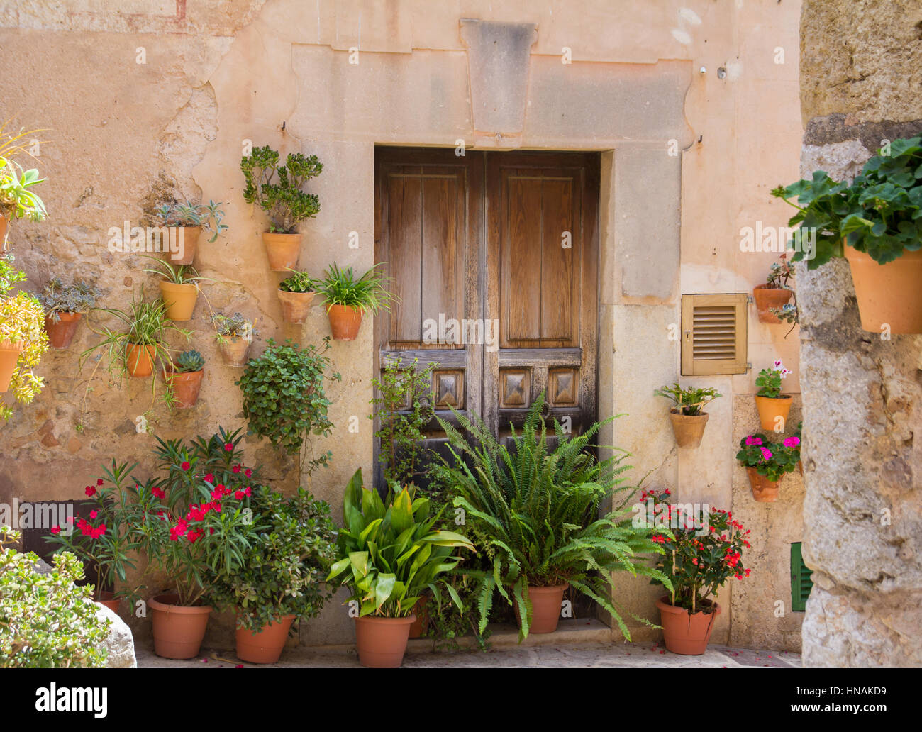 Tür mit Blumen in mediterranen Dorfes Stockfoto