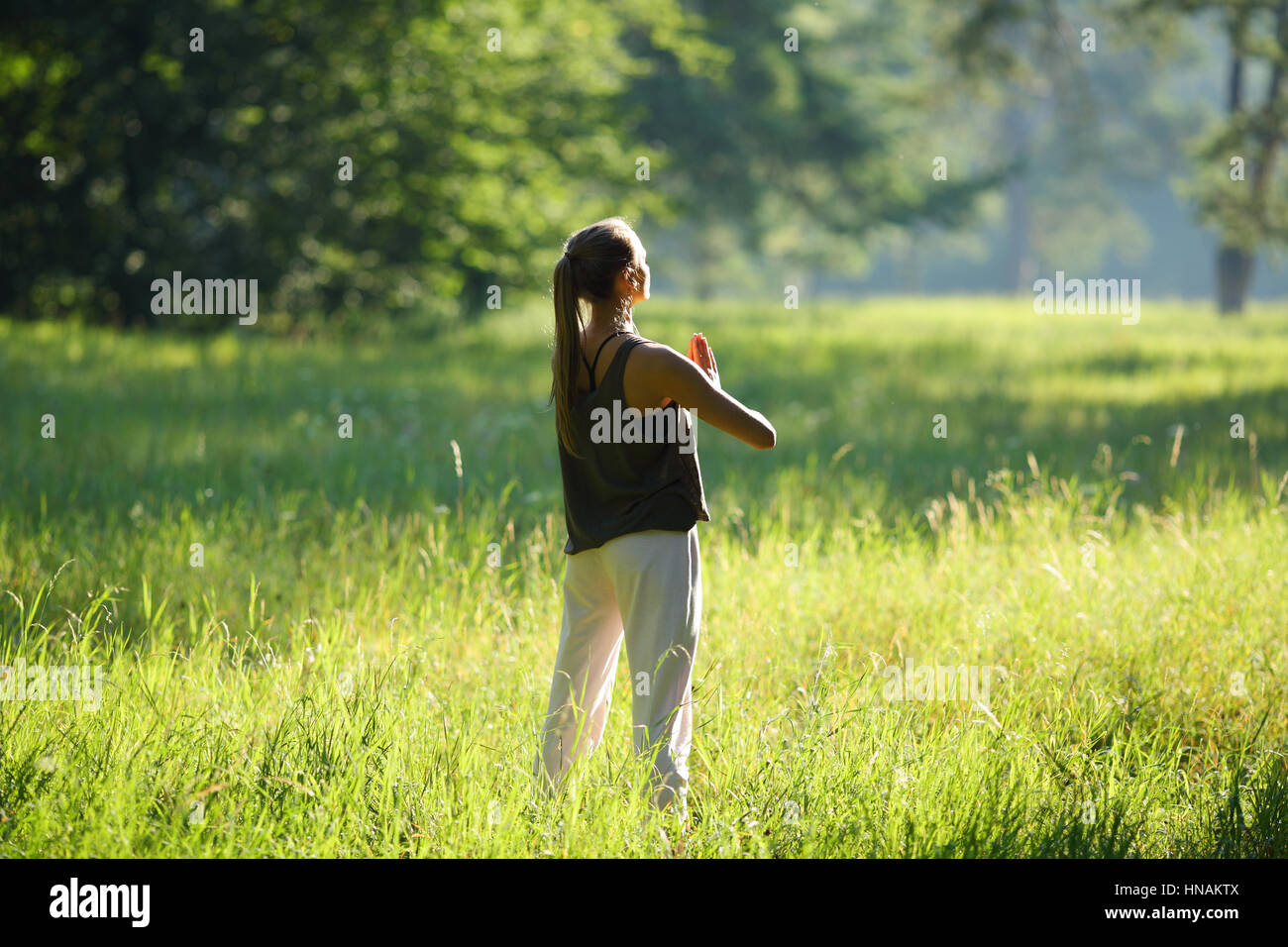 Frau im Wald mit beten Händen des yoga Stockfoto