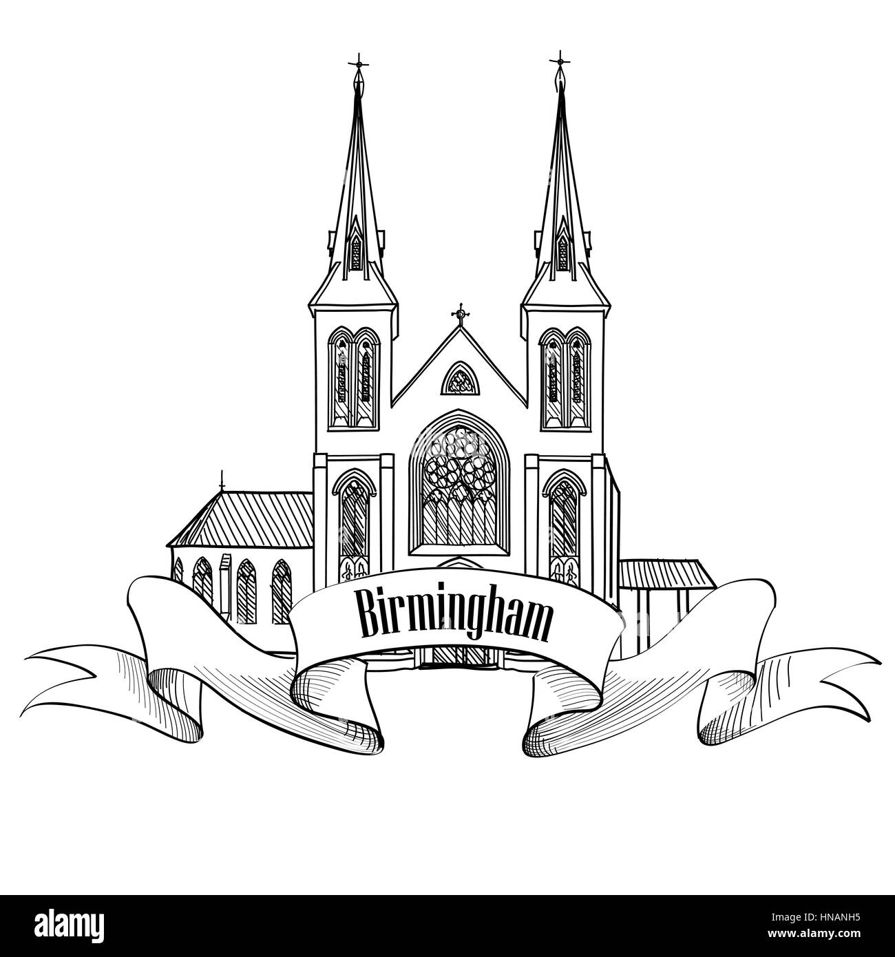 Birmingham City label isoliert. Reisen England unterzeichnen. Birmingham St Chad Kathedrale, Großbritannien, Great Britan. englische Stadt berühmten Gebäude. Stock Vektor