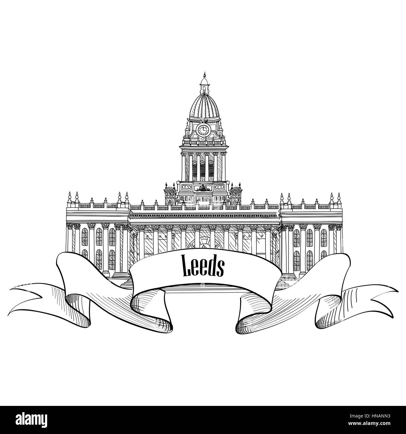 Reisen England unterzeichnen. Leeds Rathaus, Großbritannien, Great Britan. englische Stadt berühmten Gebäude. Vektor label isoliert. Stock Vektor