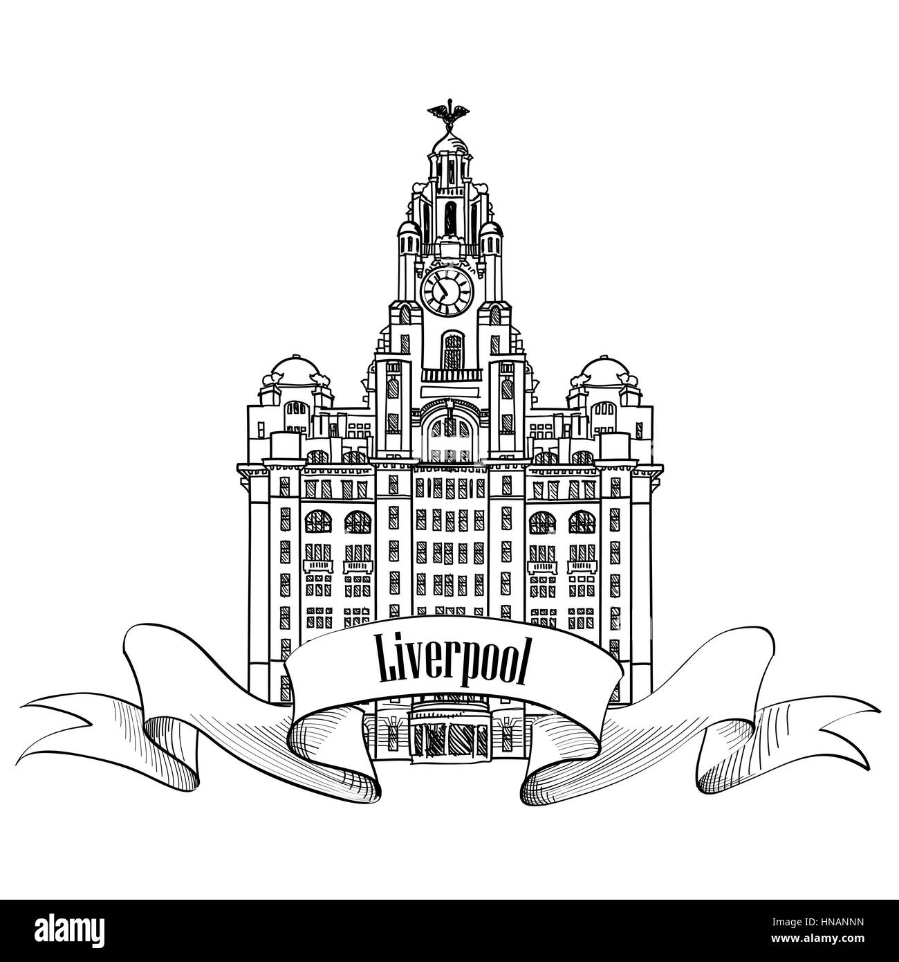 Reisen England unterzeichnen. Liverpool Liver Building, Großbritannien, Great Britan. englische Stadt berühmten Gebäude. Vektor label isoliert. Stock Vektor