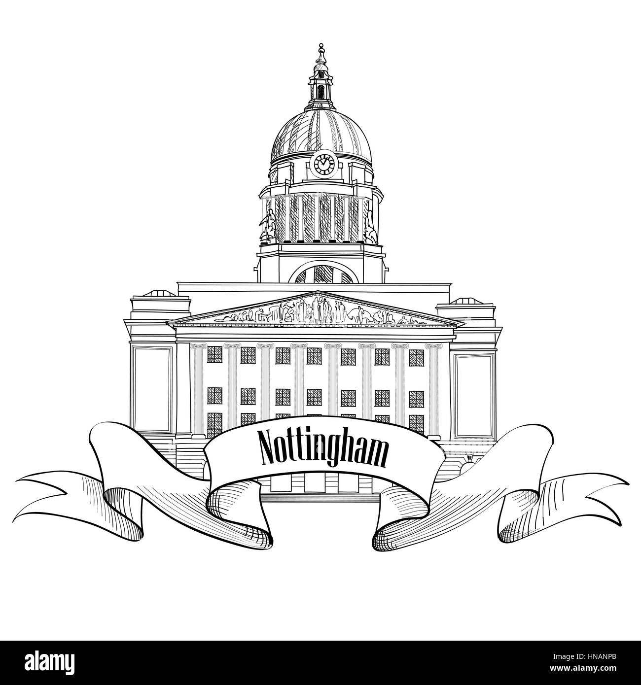 Nottingham City label. nottingham Rathaus berühmte Gebäude. Nottingham Council House. Reisen England unterzeichnen. Skizze Symbol. Stock Vektor