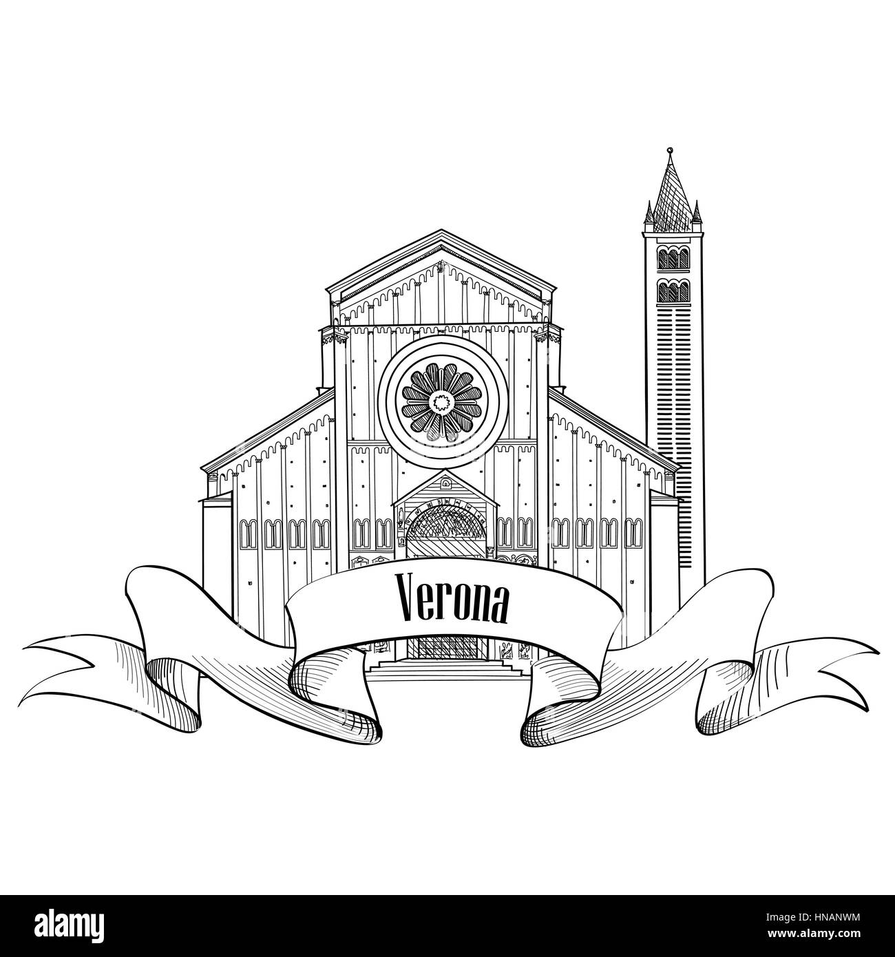 Verona City label. Reisen Italien Symbol. berühmten italienischen Gebäude Kirche von San Zeno Skizze. sightseeing Symbol. Stock Vektor