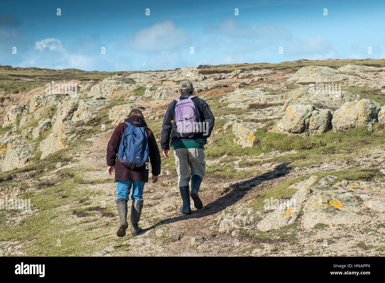 Zwei Wanderer auf dem South West Coastal Path auf Gwennap Head in Cornwall, England, UK. Stockfoto
