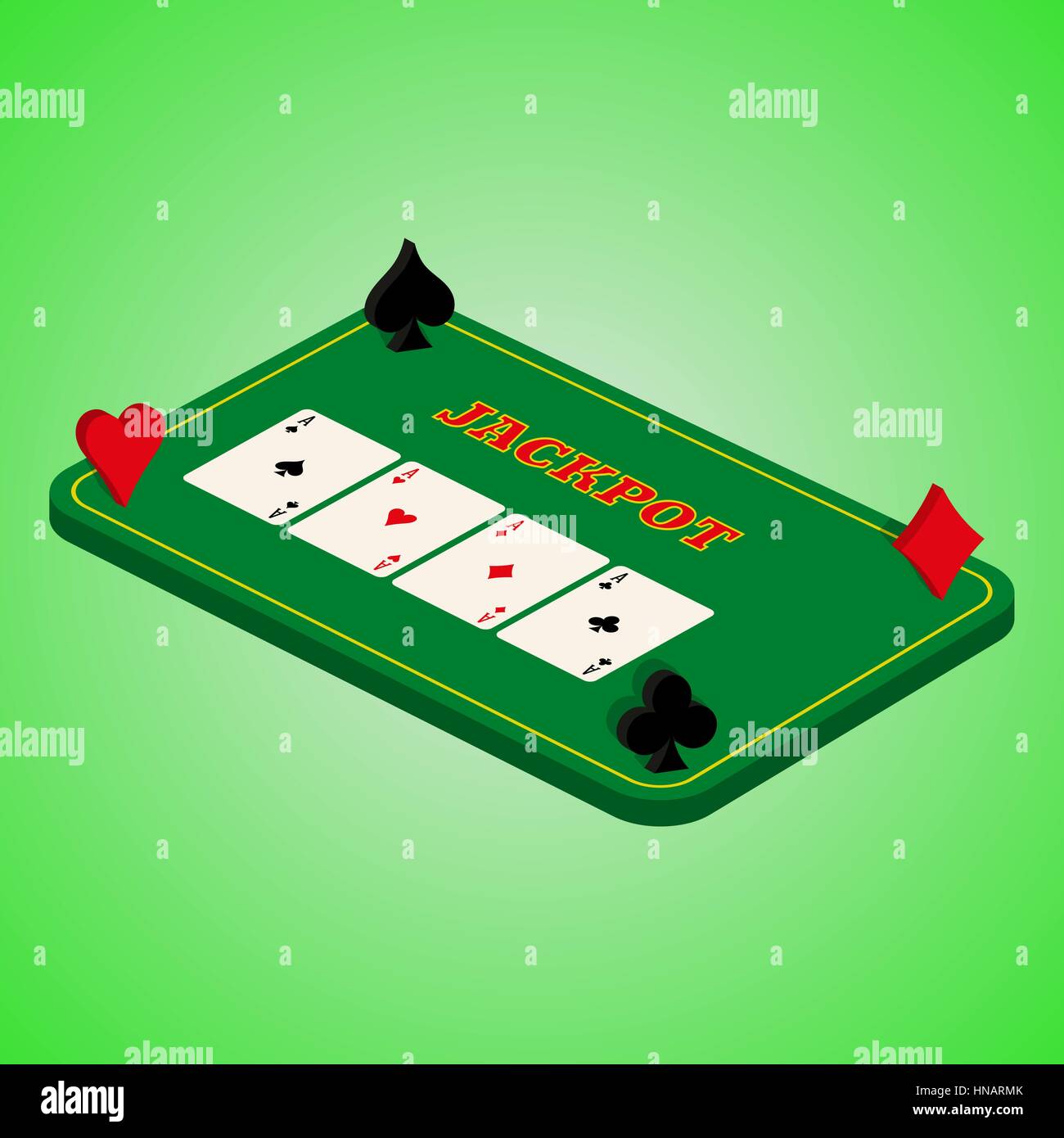 Casino auf einem grünen Hintergrund gesetzt. Spieltisch mit einer Kombination aus Karten. Four of a Kind. Vektor-Illustration für Ihr Design. Plakatwerbung, si Stock Vektor