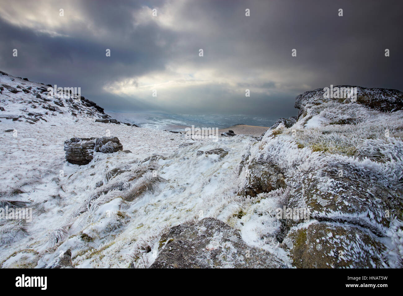 Die schneebedeckten Park von Hase Tor, Dartmoor Stockfoto