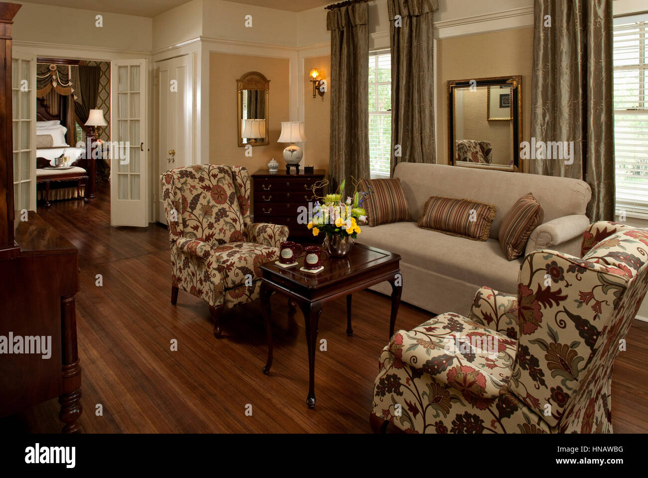 Wohnzimmer auf einem Mississippi-Inn, Fairview Inn, Jackson, MS. Stockfoto