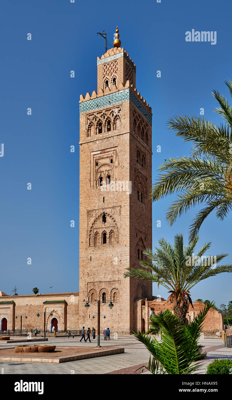 Das Minarett der Koutoubia-Moschee, Moschee der Buchhändler, Marrakesch, Marokko, Afrika Stockfoto
