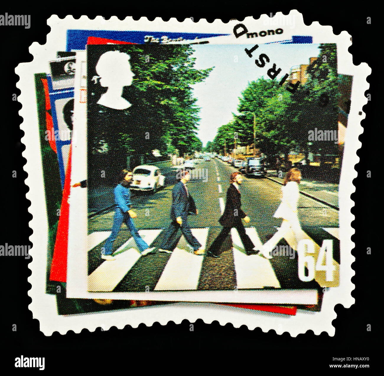 Vereinigtes Königreich - CIRCA 2007: A britische verwendete Briefmarke zeigt die Beatles-Pop-Gruppe und die Abbey Road Album Cover Stockfoto
