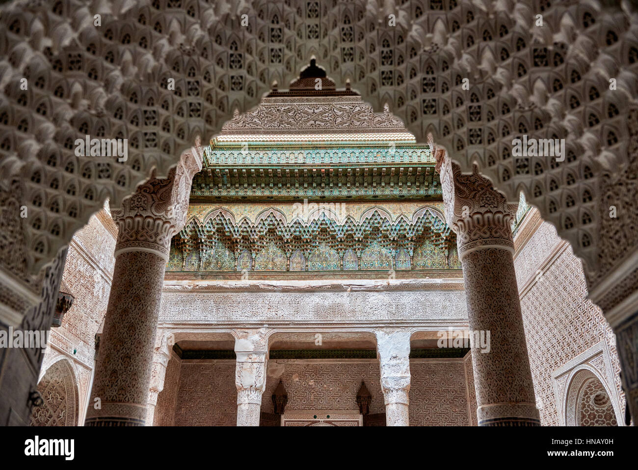 Innenansicht mit starken Dekoration der Kasbah von Telouet, Marokko Stockfoto