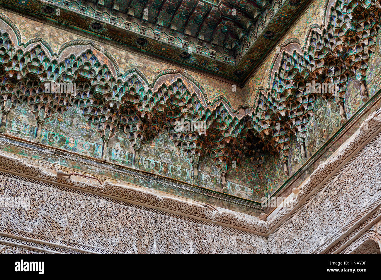 Innenansicht mit starken Dekoration der Kasbah von Telouet, Marokko Stockfoto
