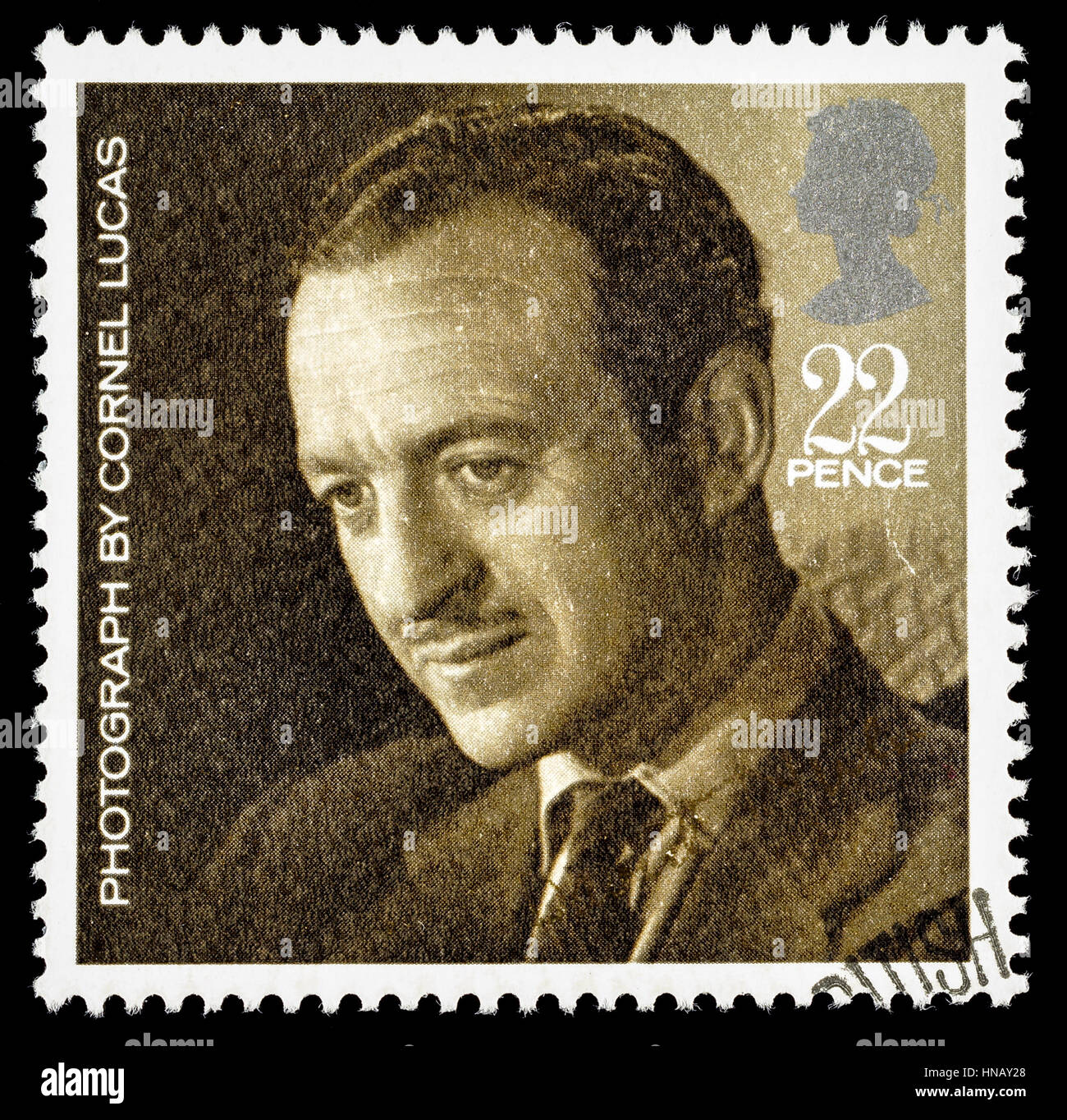 Vereinigtes Königreich - ca. 1985: Eine gebrauchte Briefmarke gedruckt in Großbritannien feiert British Film Year zeigen die berühmten Schauspieler David Niven Stockfoto