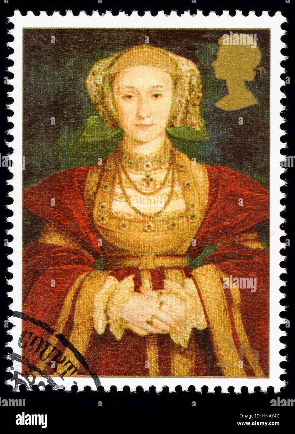 Vereinigtes Königreich - CIRCA 1997: verwendete Briefmarke gedruckt in Großbritannien zum Gedenken an König Henry 8. zeigt Anne von Kleve eine seiner vielen Frauen Stockfoto
