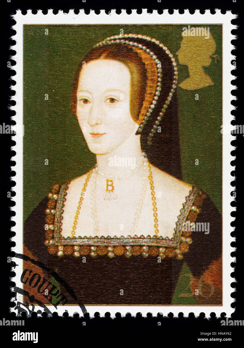 Vereinigtes Königreich - CIRCA 1997: verwendete Briefmarke gedruckt in Großbritannien zum Gedenken an König Henry 8. zeigt Anne Boleyn eine seiner vielen Frauen Stockfoto