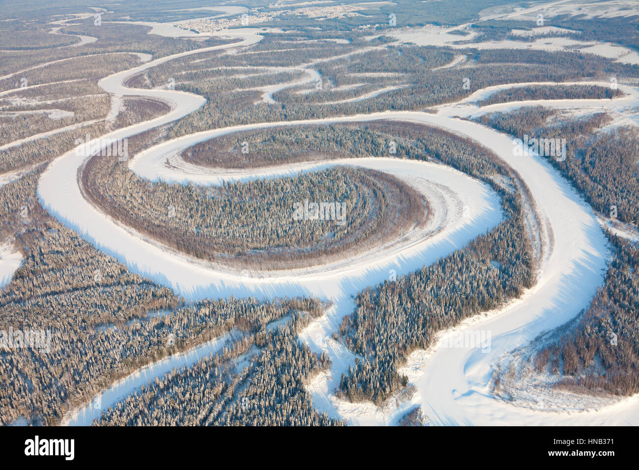Vogelperspektive auf Wald-Fluss im winter Stockfoto