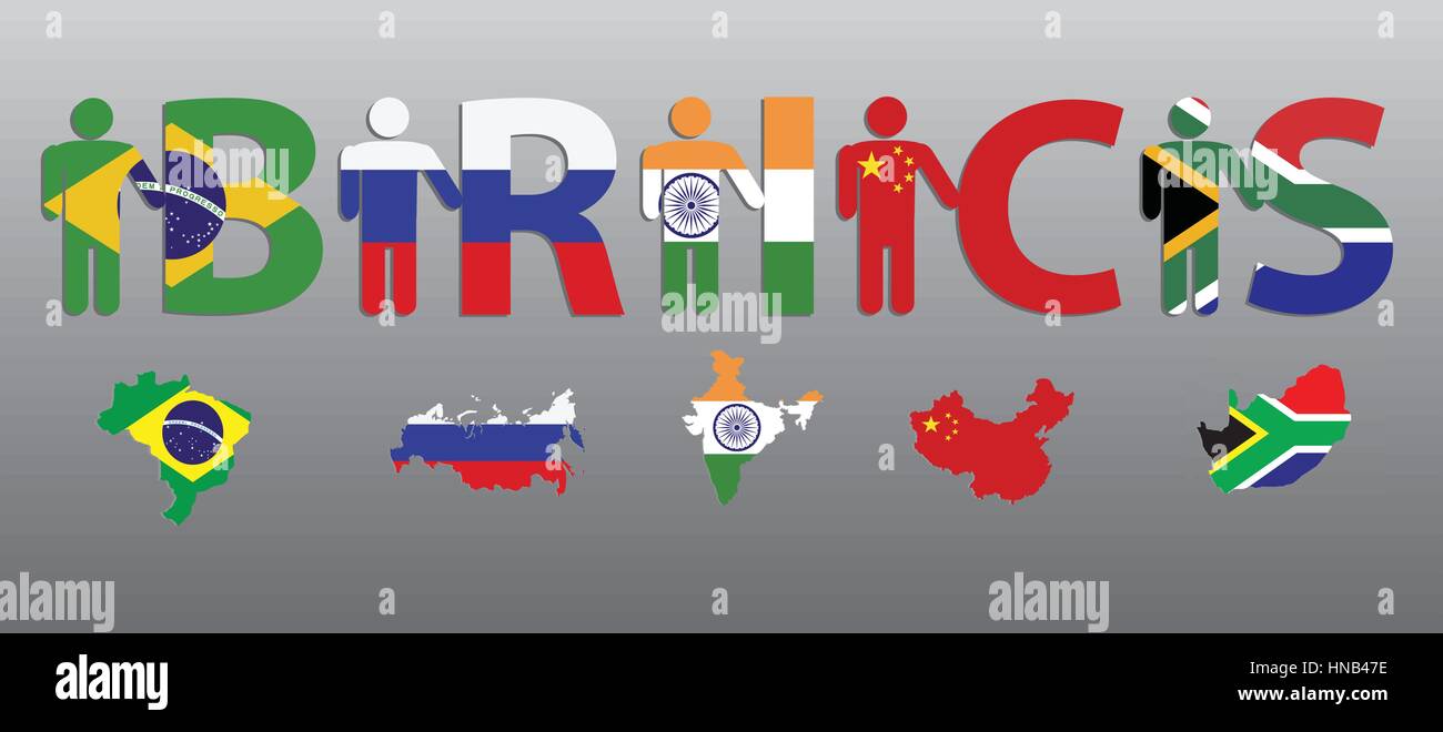 BRICS. Völker und Buchstaben in den Farben der Flagge und Karte. Brazilien. Russland. Indien. China. Südafrika. Stock Vektor